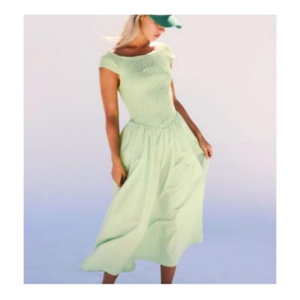 NWT Free People Ceci Smocked Midi Dress in Green Size L